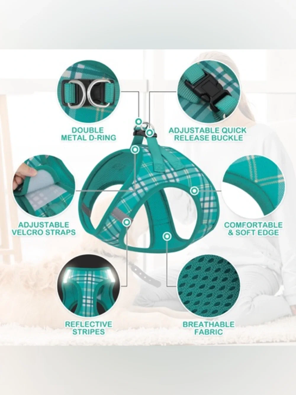 Teal Plaid Dog Harness and Rope Leash Set - Durable Comfort for Daily Walks🐾🌟💚